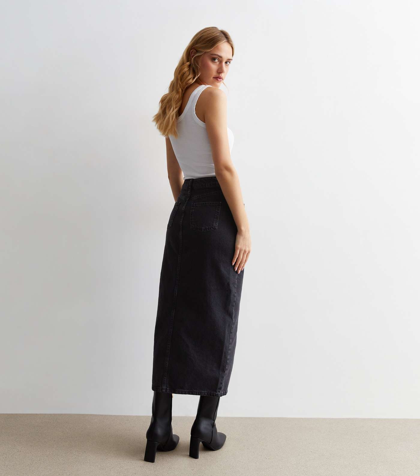 Black Denim Split Hem Maxi Skirt Image 3