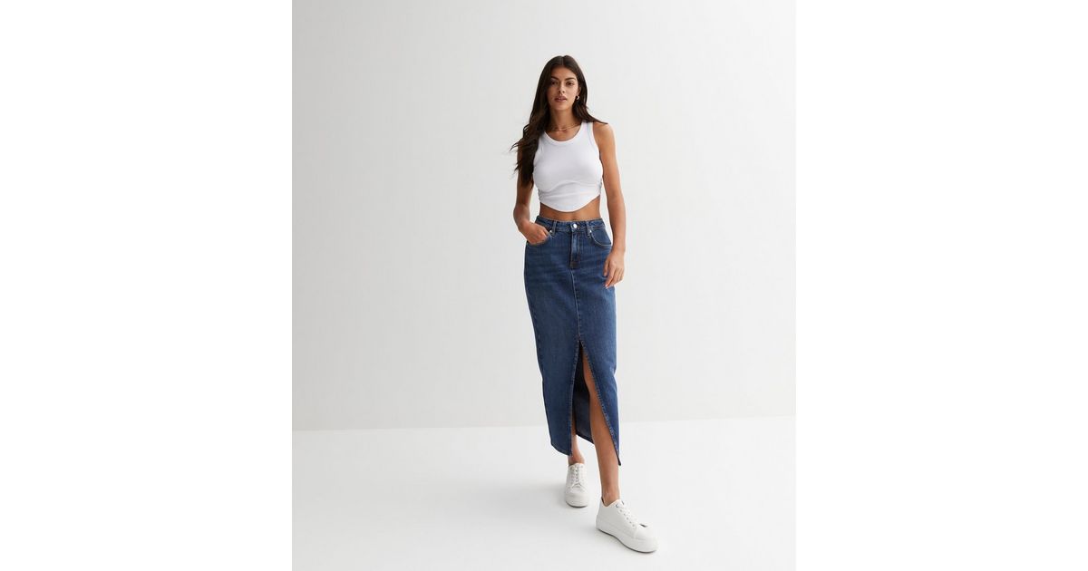 Blue Denim Split Hem Maxi Skirt New Look