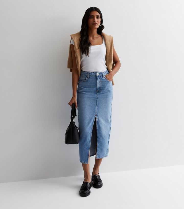 Pale Blue Denim Split Hem Maxi Skirt