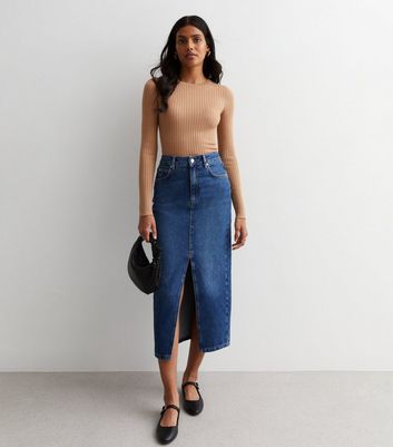 ASOS Weekend Collective low rise denim midi skirt in mid wash  ASOS