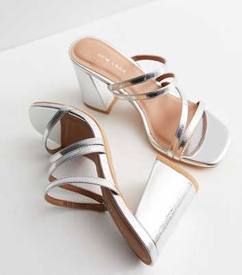 Silver Leather-Look Strappy Block Heel Mules