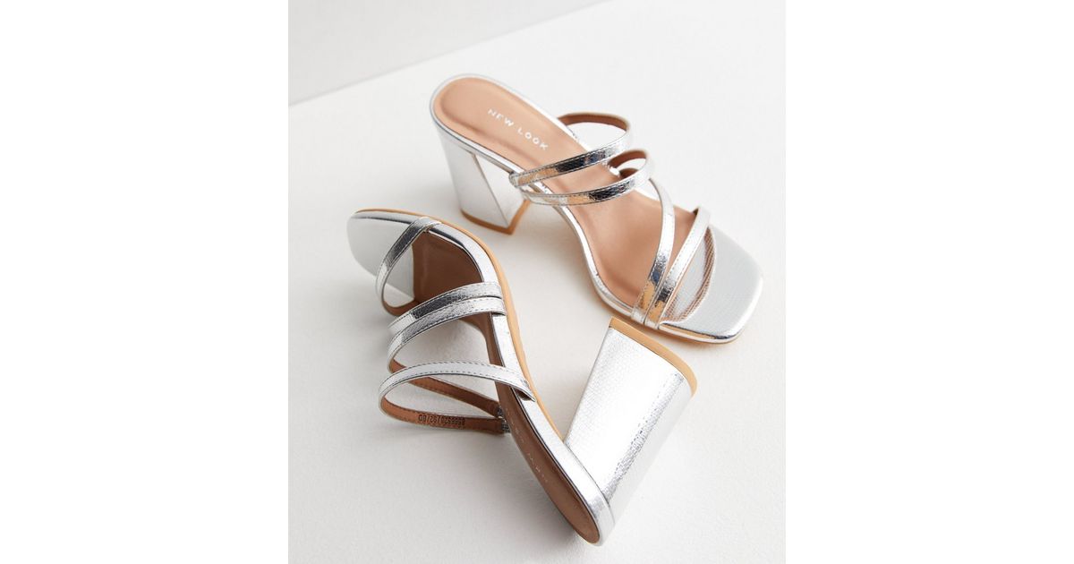 Silver Leather-Look Strappy Block Heel Mules | New Look