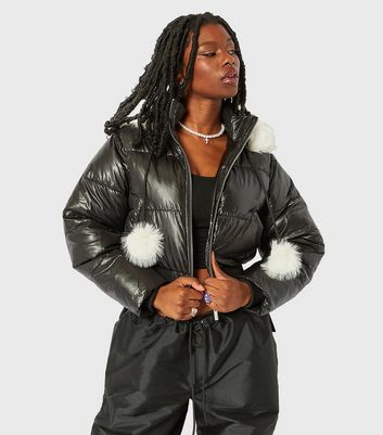 Skinnydip Black Butterfly Logo Pom Pom Hooded Puffer Jacket New Look