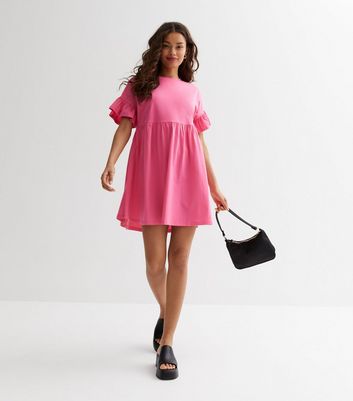 Petite Pink Jersey Frill Mini Smock Dress New Look