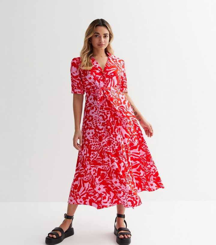 Petite Pink Animal Print Belted Midi Shirt Dress