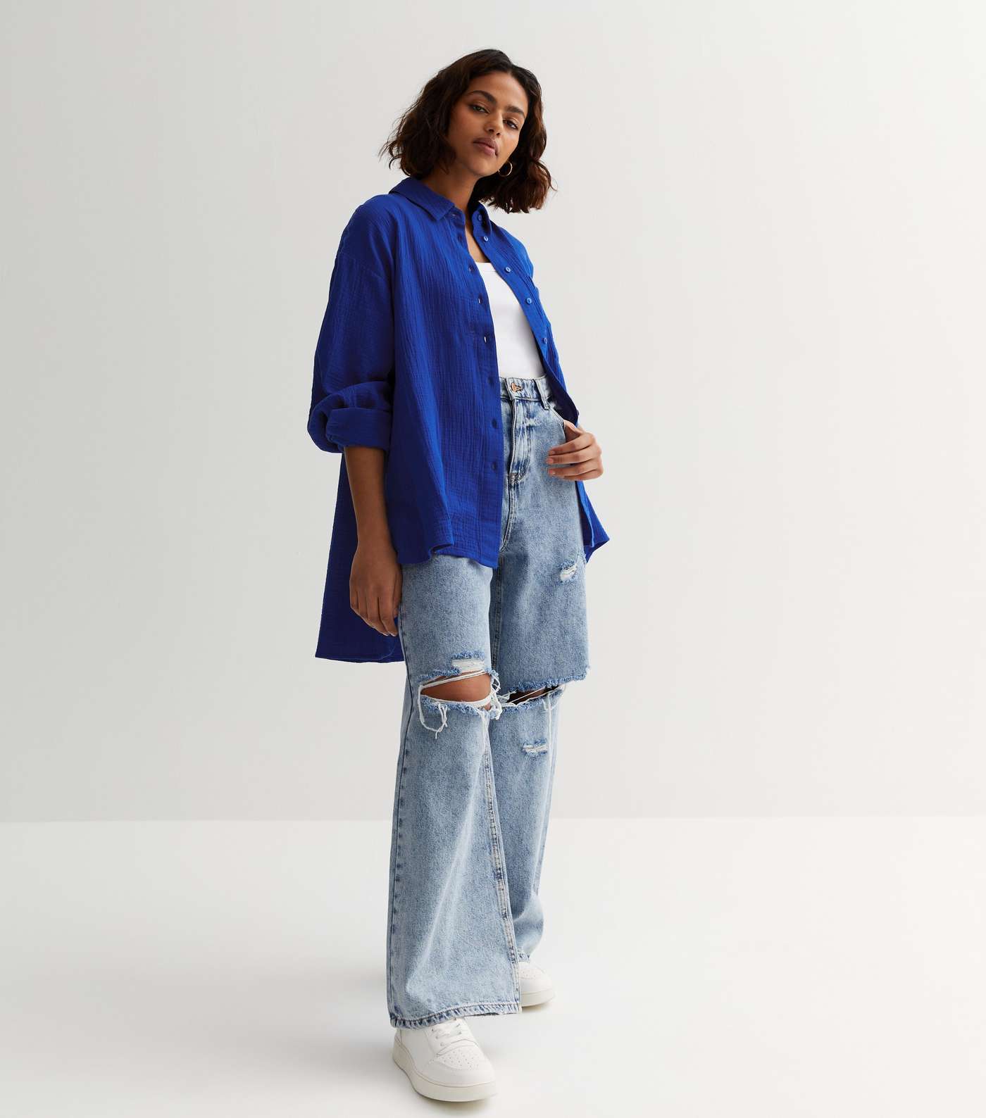 Petite Blue Cheesecloth Long Sleeve Oversized Shirt Image 2
