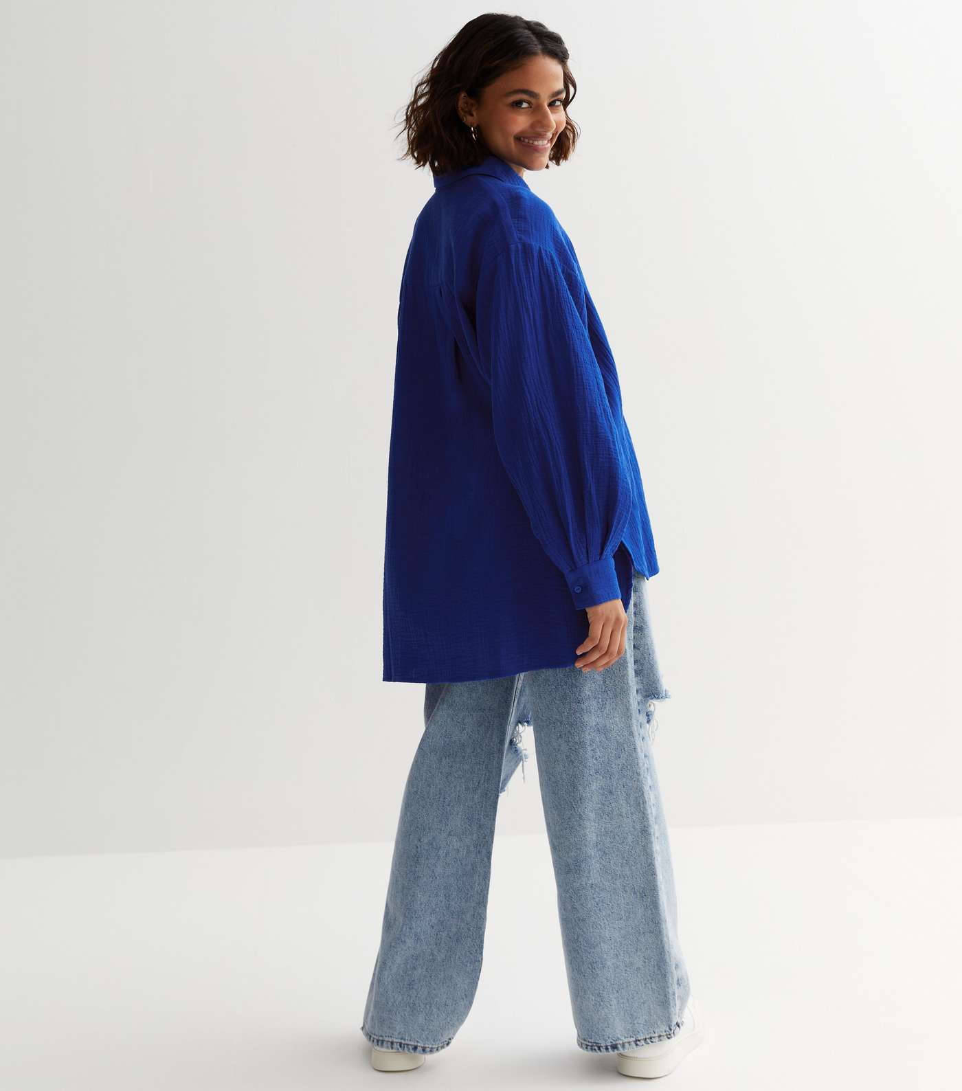 Petite Blue Cheesecloth Long Sleeve Oversized Shirt Image 4
