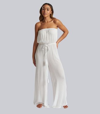 South Beach White Crinkle Bandeau Beach Jumpsuit New Look