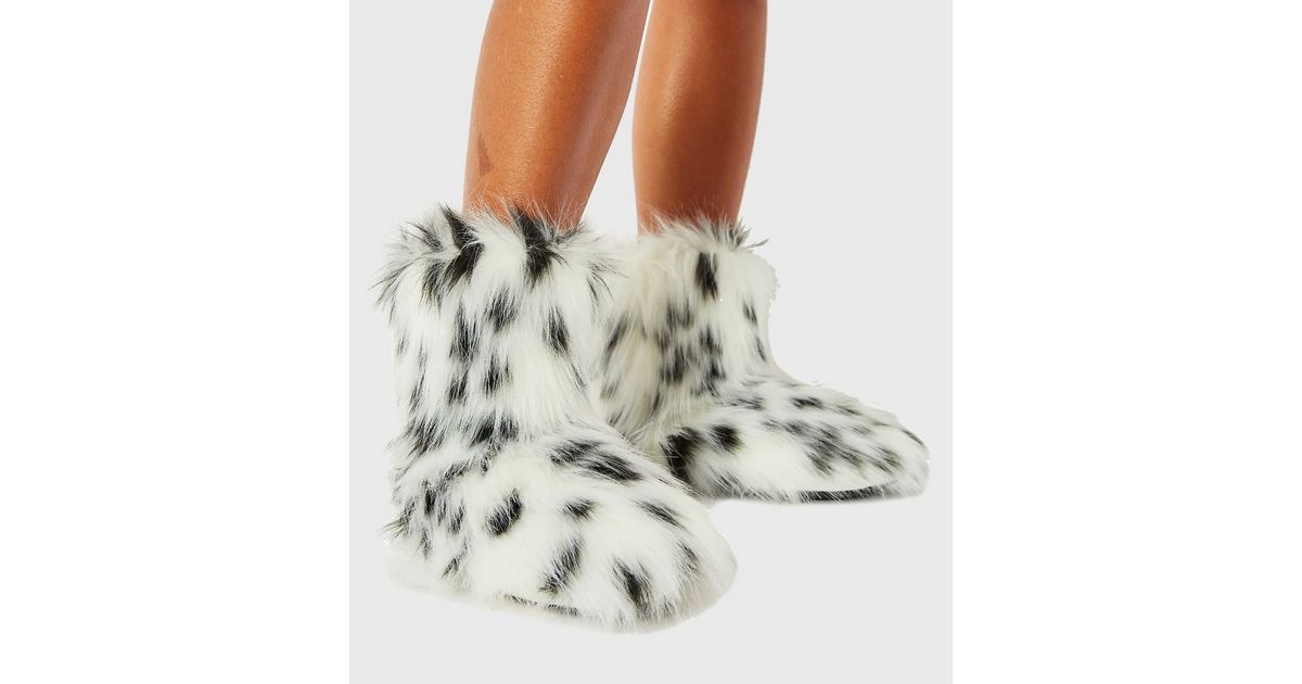 Skinnydip White Leopard Print Fluffy Slipper Boots New Look
