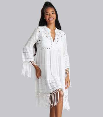 South Beach White Broderie Lace Fringe Beach Dress