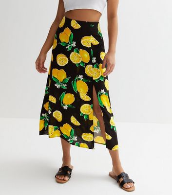 Petite Black Lemon Split Hem Midi Skirt New Look