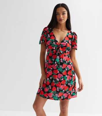 Petite Black Strawberry Print V Neck Tie Front Mini Dress