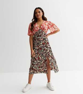 Petite Black Floral Puff Sleeve Midi Dress