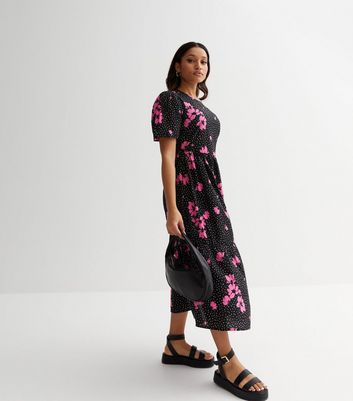 Black Mixed Floral Puff Sleeve Split Midi Dress | New Look
