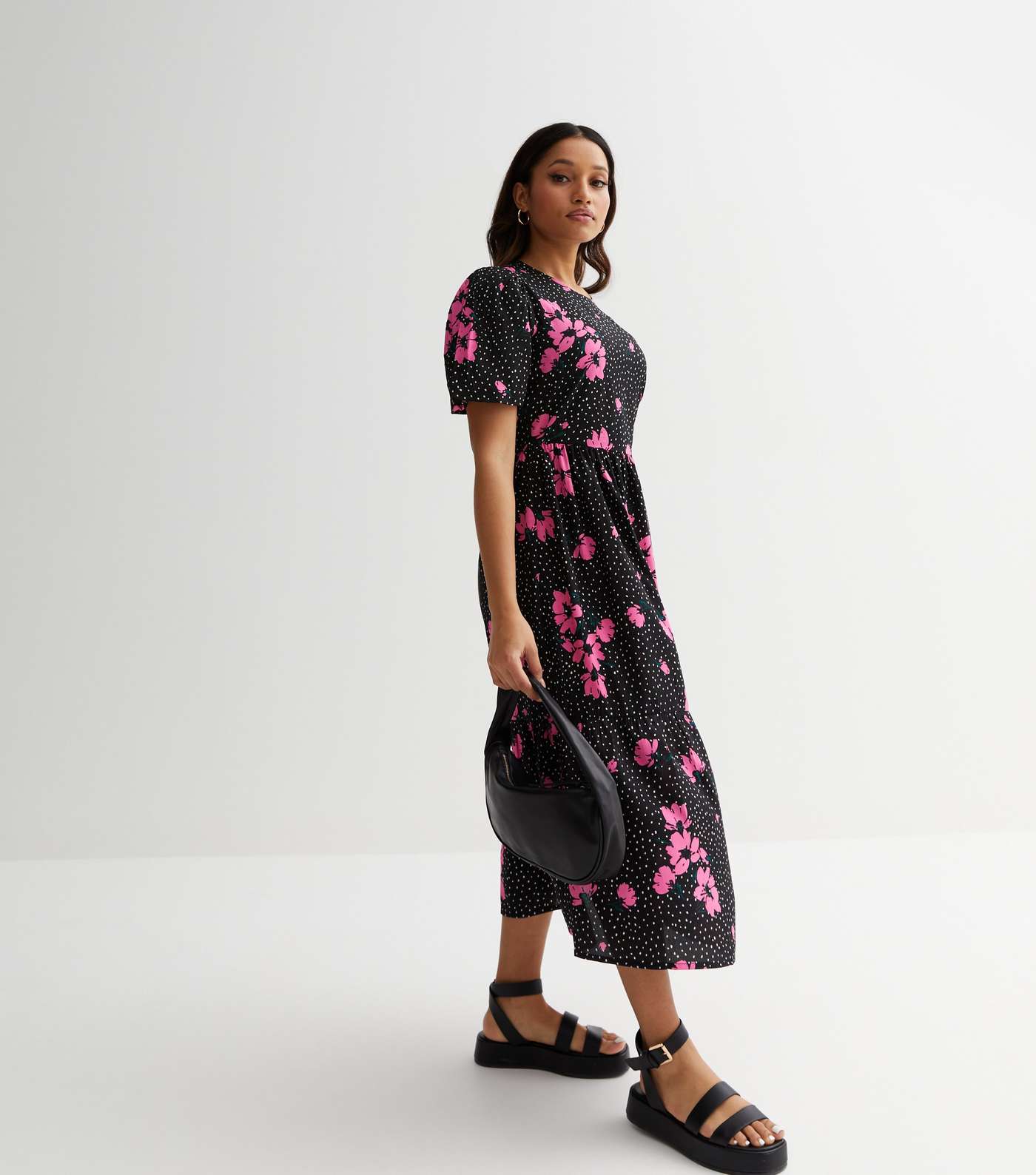 Petite Black Polka Dot Floral Short Sleeve Midi Dress