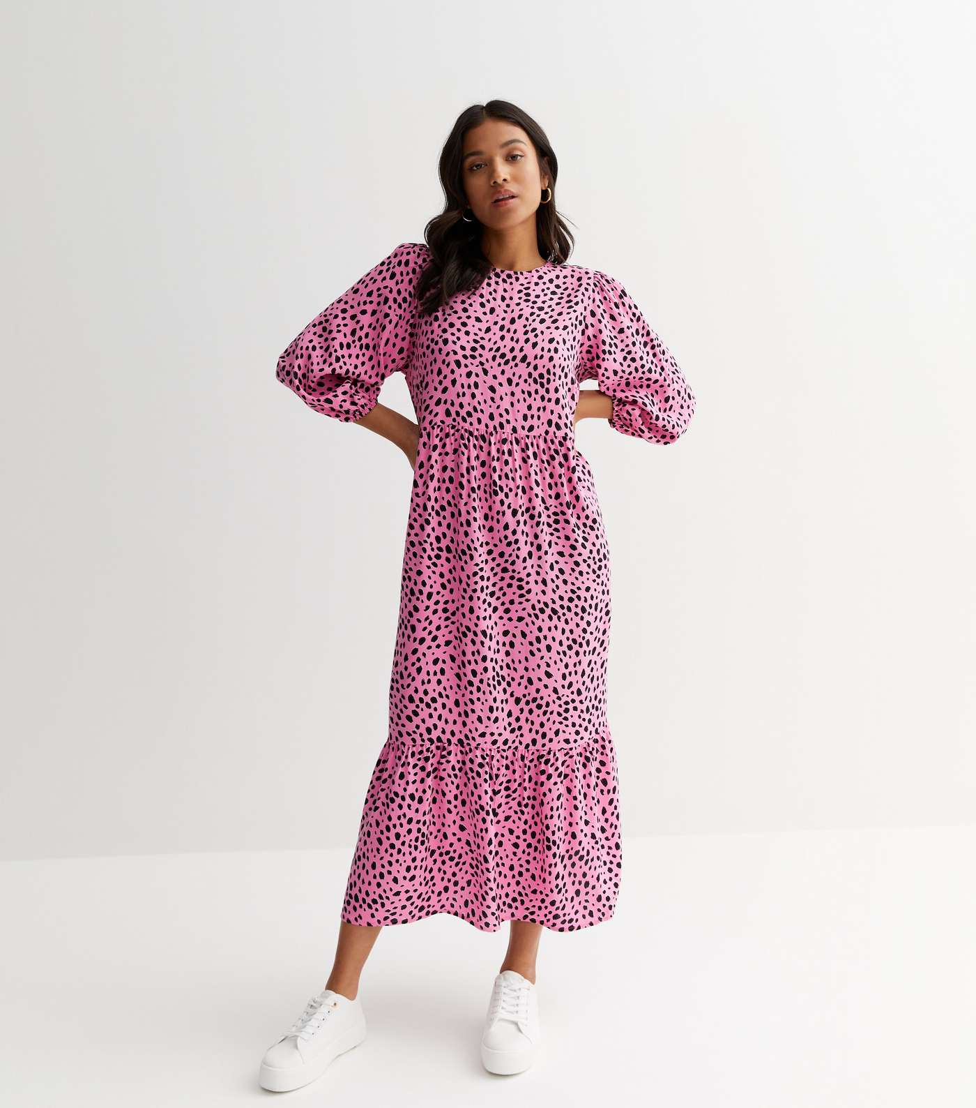 Petite Pink Leopard Print Puff Sleeve Midi Smock Dress