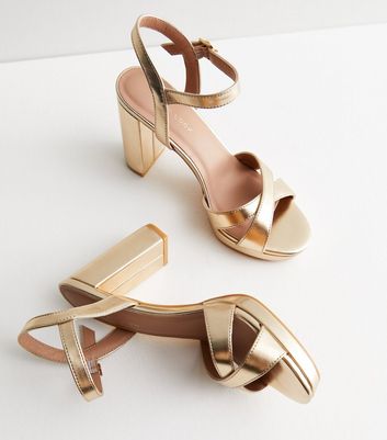 Gold 2 Part Cross Over Platform Block Heel Sandals New Look