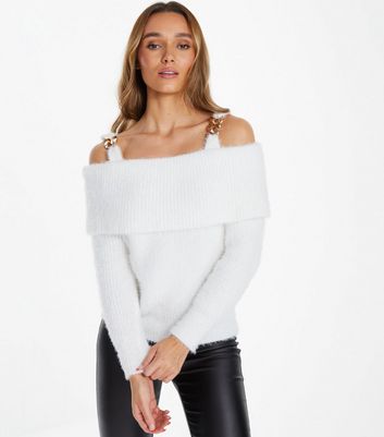 QUIZ Cream Fluffy Knit Chain Strappy Cold Shoulder Jumper
