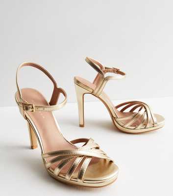 Gold Metallic Strappy Platform Stiletto Heel Sandals