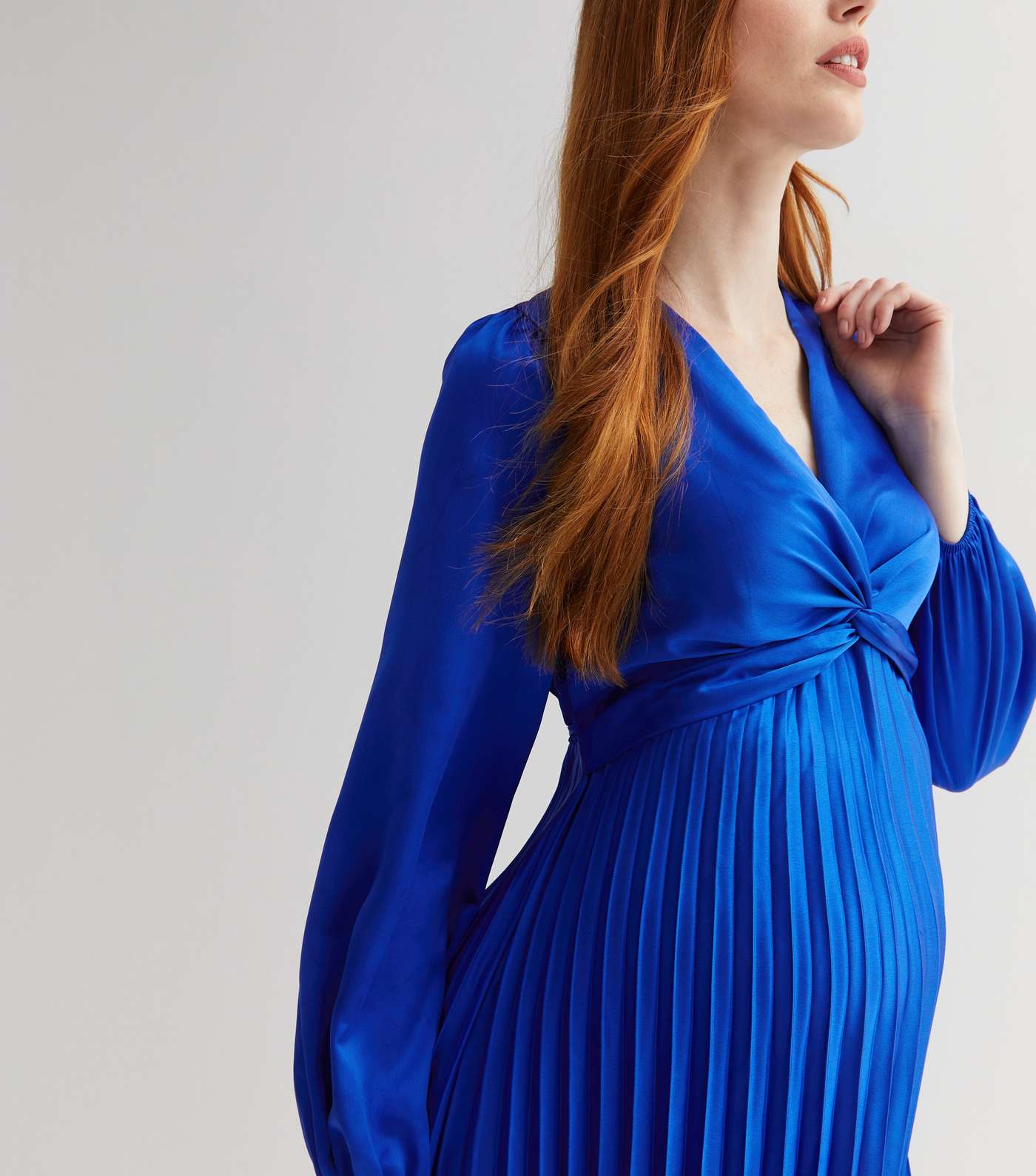 Maternity Blue Satin Twist Front Pleated Midi Dress Image 2