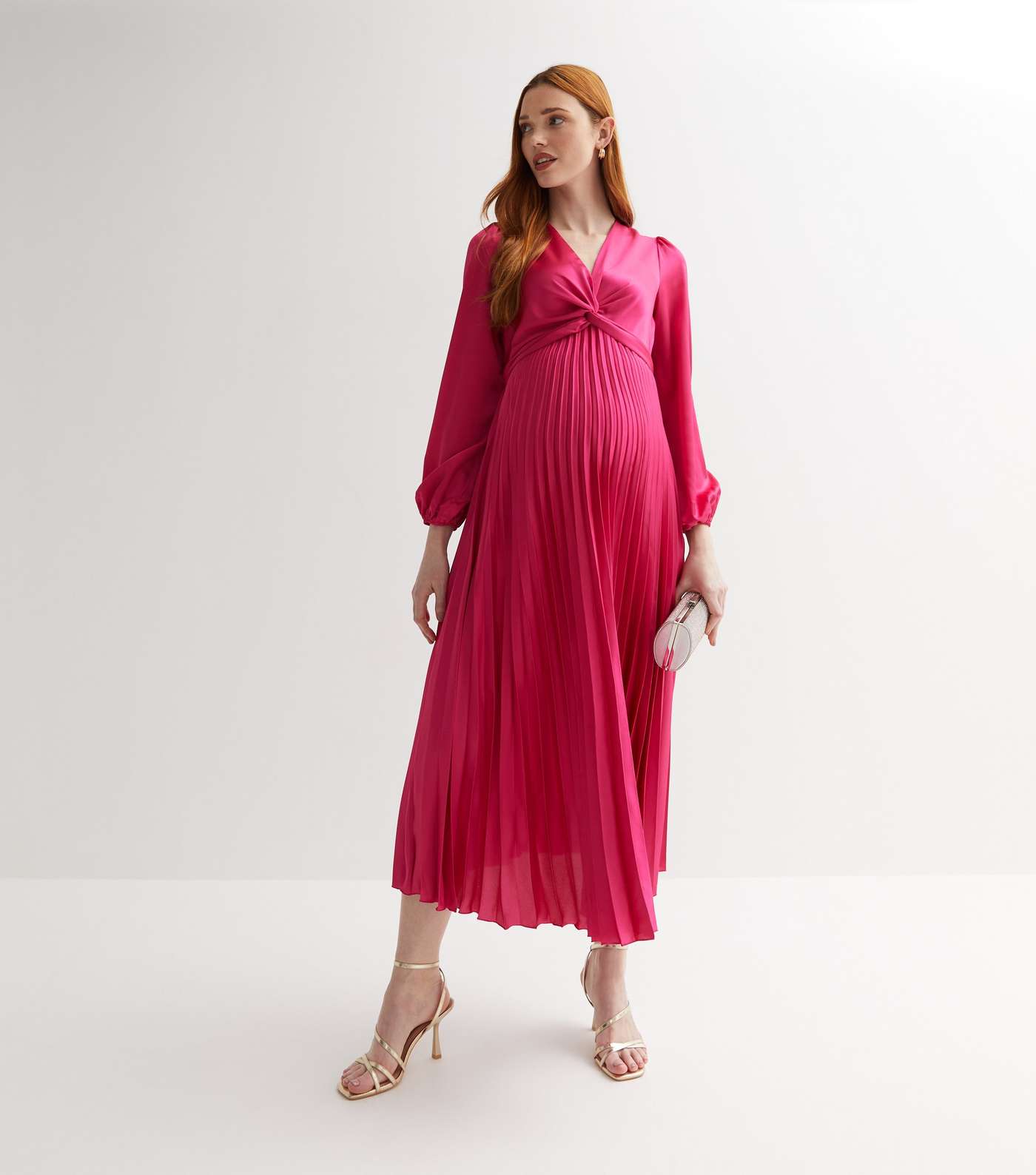 Maternity Bright Pink Satin Twist Front Pleated Midi Dress Image 3