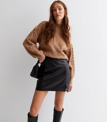 Black Leather-Look High Waist Split Hem Mini Skirt