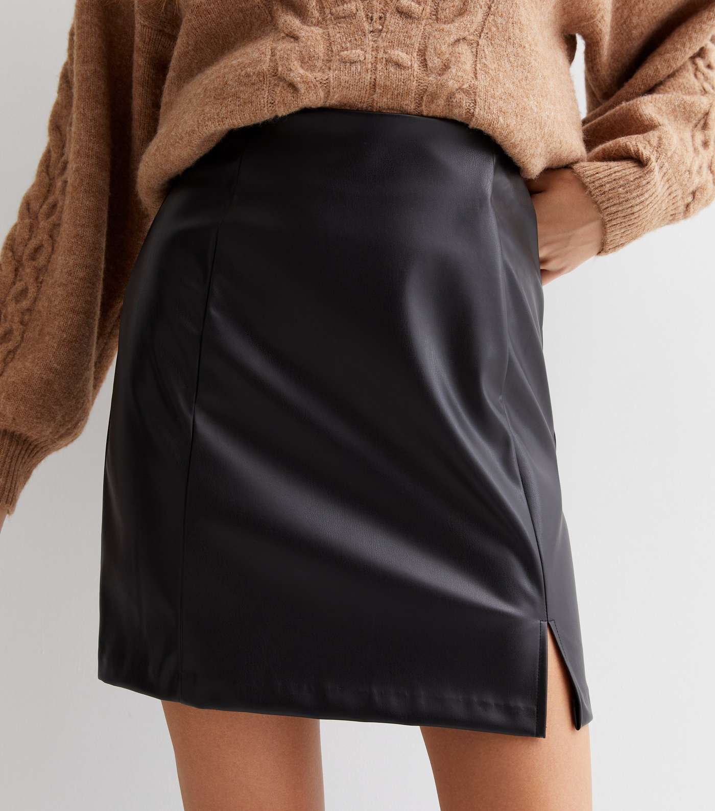 Black Leather-Look Split Hem Mini Skirt Image 2
