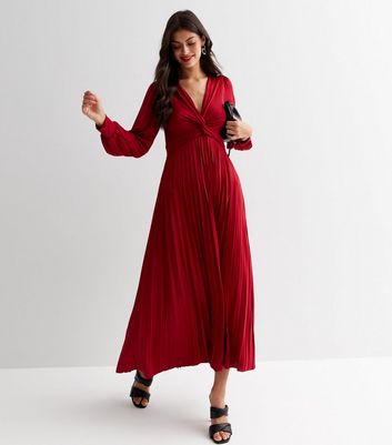 Tie neck long sleeve hotsell rose red pleated dress