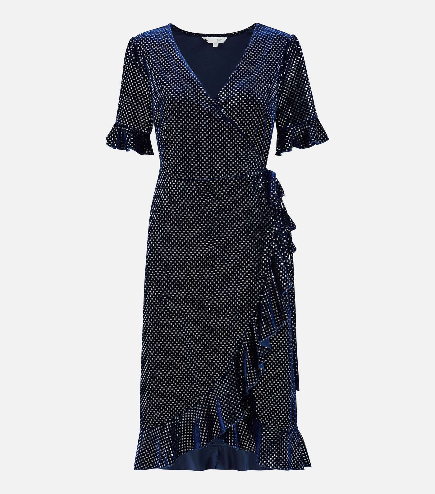 Yumi Navy Velvet Metallic Spot Frill Midi Wrap Dress Image 4