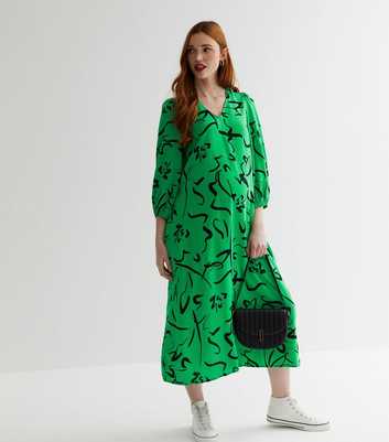 Maternity Green Floral Doodle Print Puff Sleeve Midi Dress