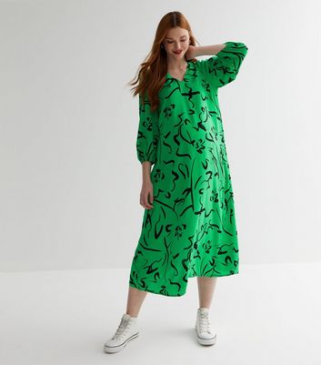 Maternity Green Floral Doodle Print Puff Sleeve Midi Dress New Look