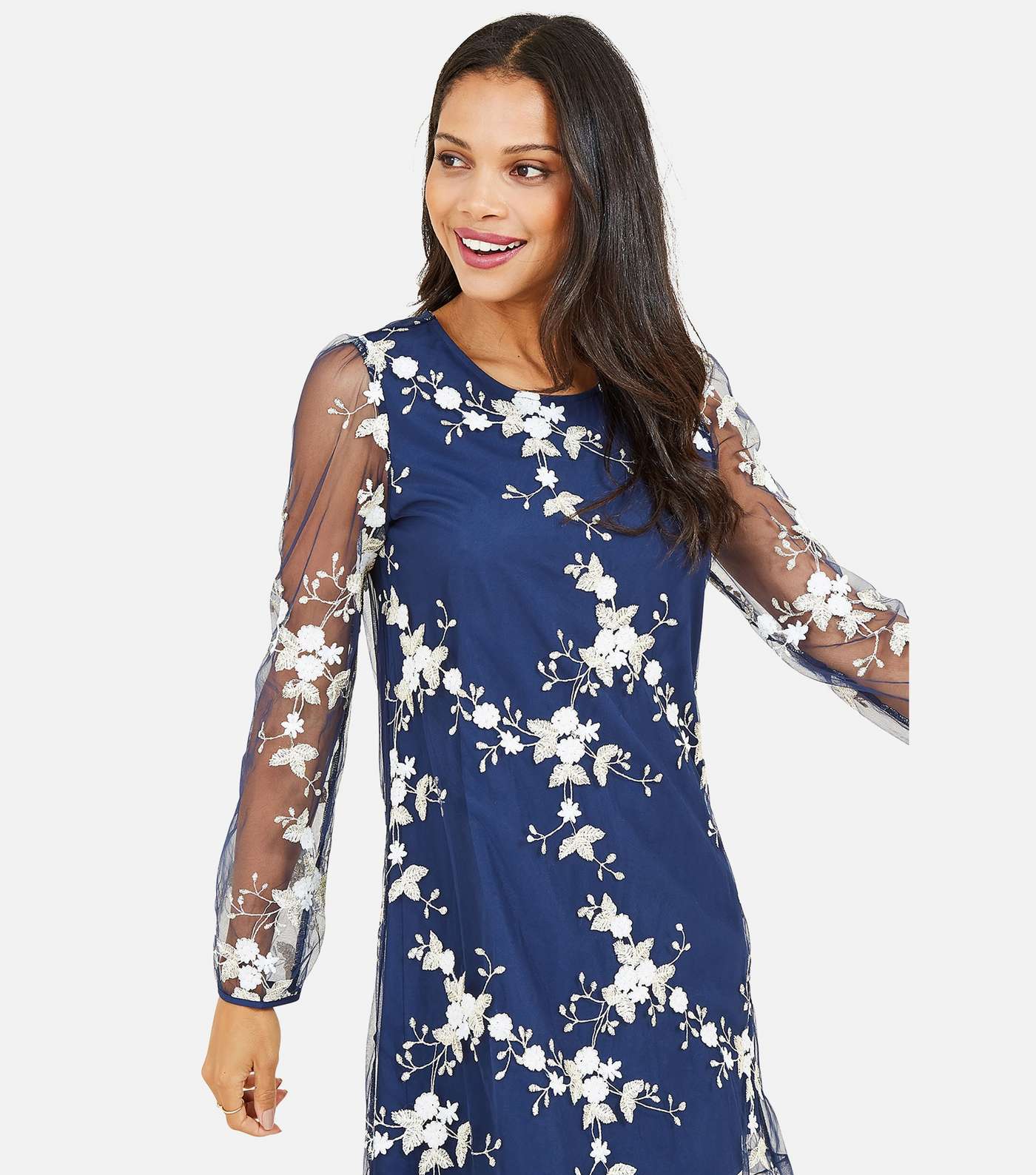 Yumi Navy Floral Embroidered Mesh Long Sleeve Mini Dress Image 2