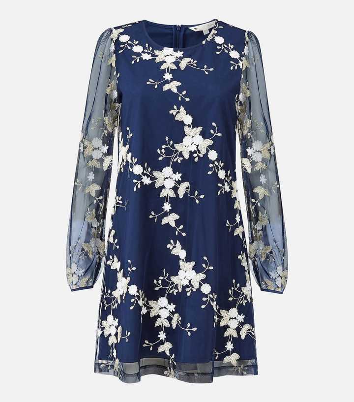 Yumi Navy Floral Embroidered Mesh Long Sleeve Mini Dress