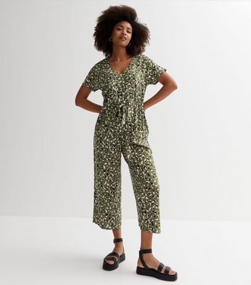 Green Abstract V Neck Short Sleeve Jumpsuit New Look
