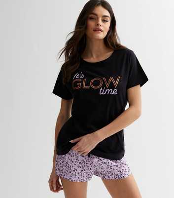 Black Glow Time T-Shirt and Short Pyjama Set with Animal Print