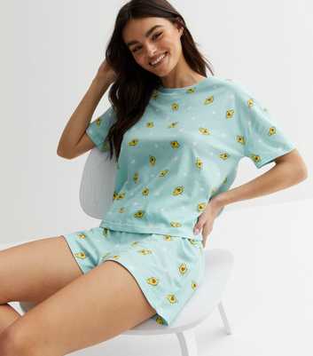 Green T-Shirt and Short Pyjama Set with Avocado and Star Print