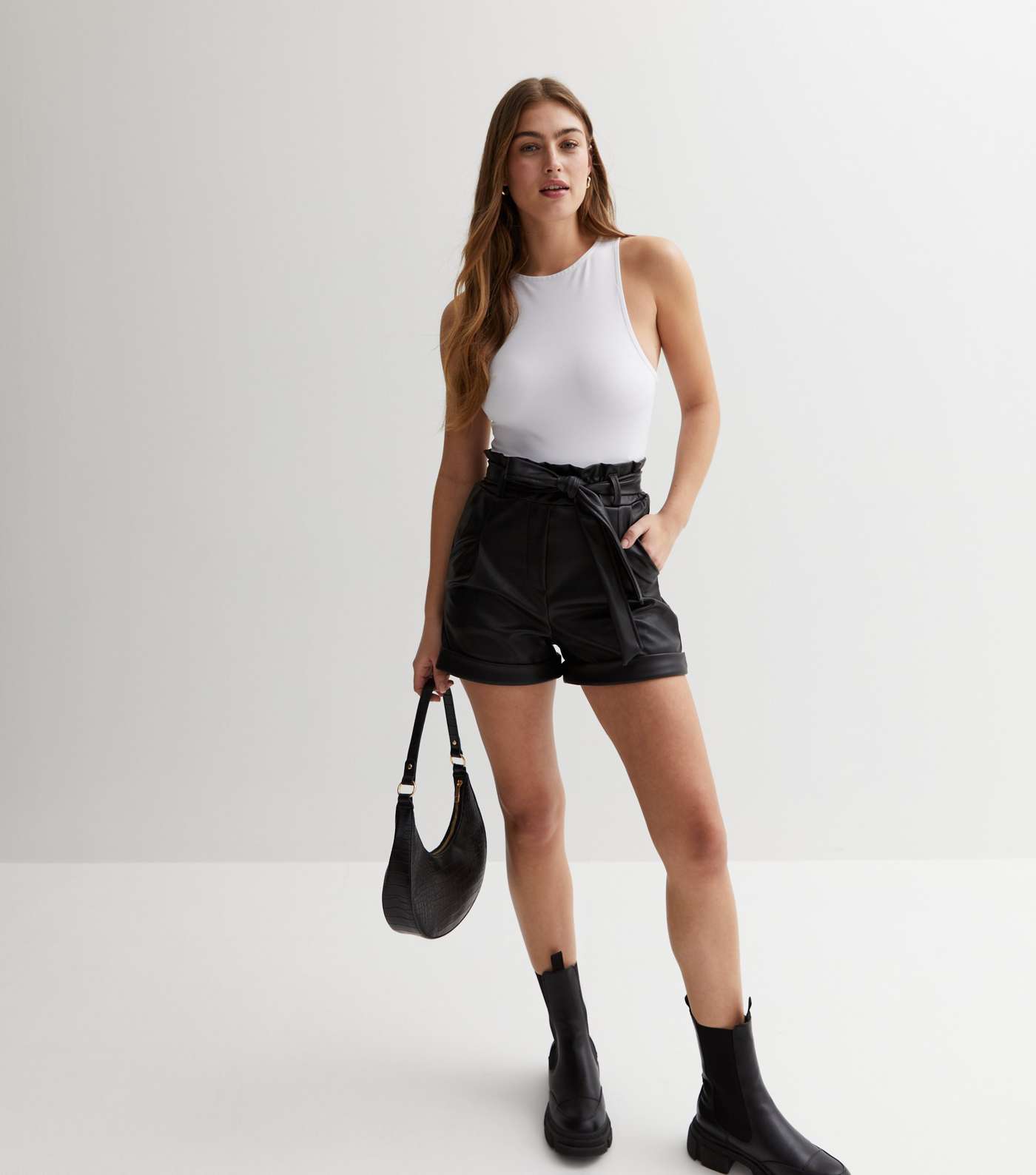 Cameo Rose Black Leather-Look Tie Waist Shorts Image 3