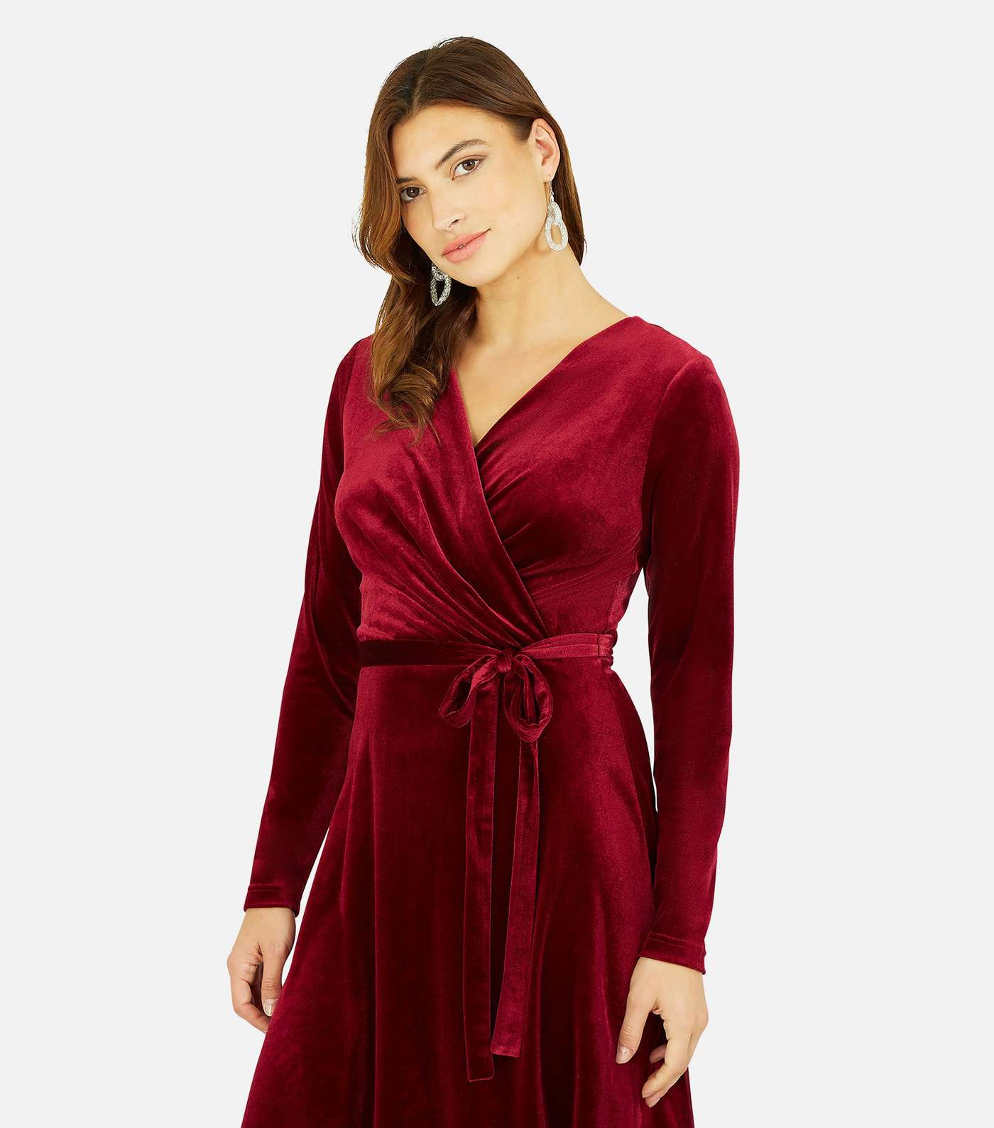 Yumi Burgundy Velvet V Neck Long Sleeve Midi Wrap Dress Image 2