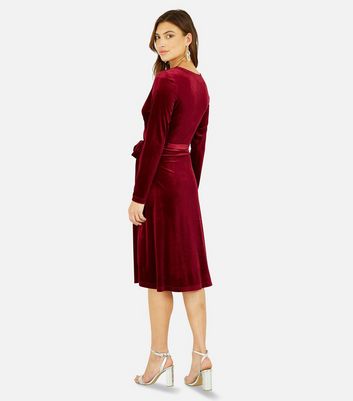 Yumi Burgundy Velvet V Neck Long Sleeve Midi Wrap Dress New Look