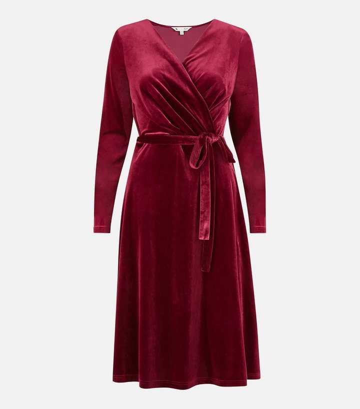 Yumi Burgundy Velvet V Neck Long Sleeve Midi Wrap Dress