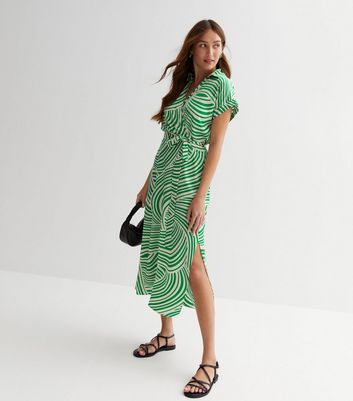 Green Doodle Print Midi Wrap Shirt Dress