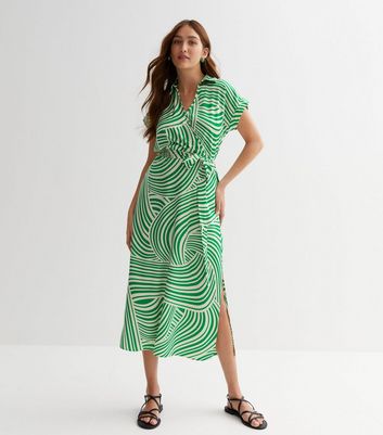 Green Doodle Print Midi Wrap Shirt Dress New Look