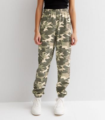 Girls Green Camo High Waist Cargo Joggers New Look