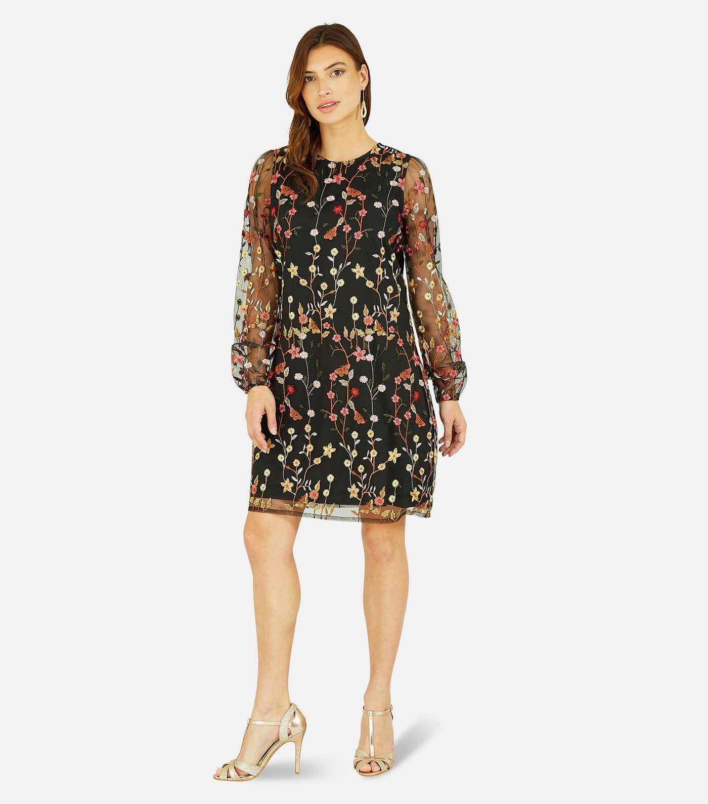 Yumi Floral Embroidered Round Neck Long Sleeve Mesh Mini Dress Image 2