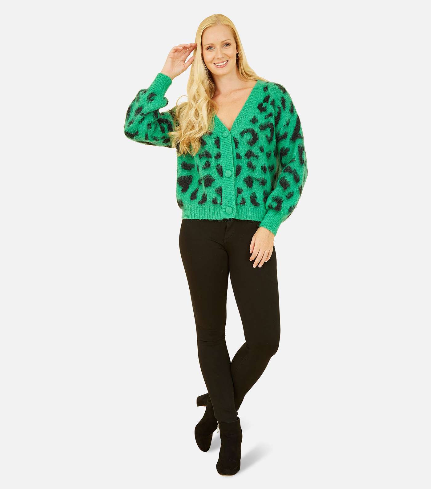 Yumi Green Fluffy Leopard Print Cardigan Image 4