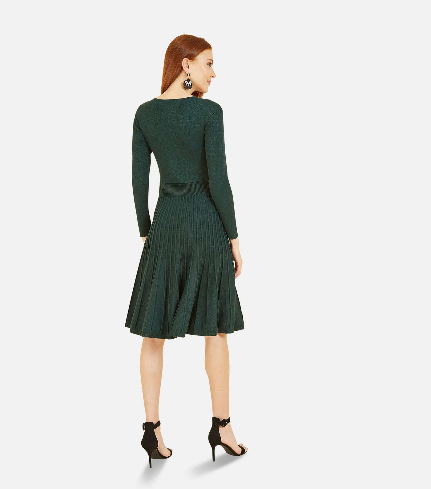 Yumi Green Glitter Long Sleeve Keyhole Pleated Mini Skater Dress Image 5