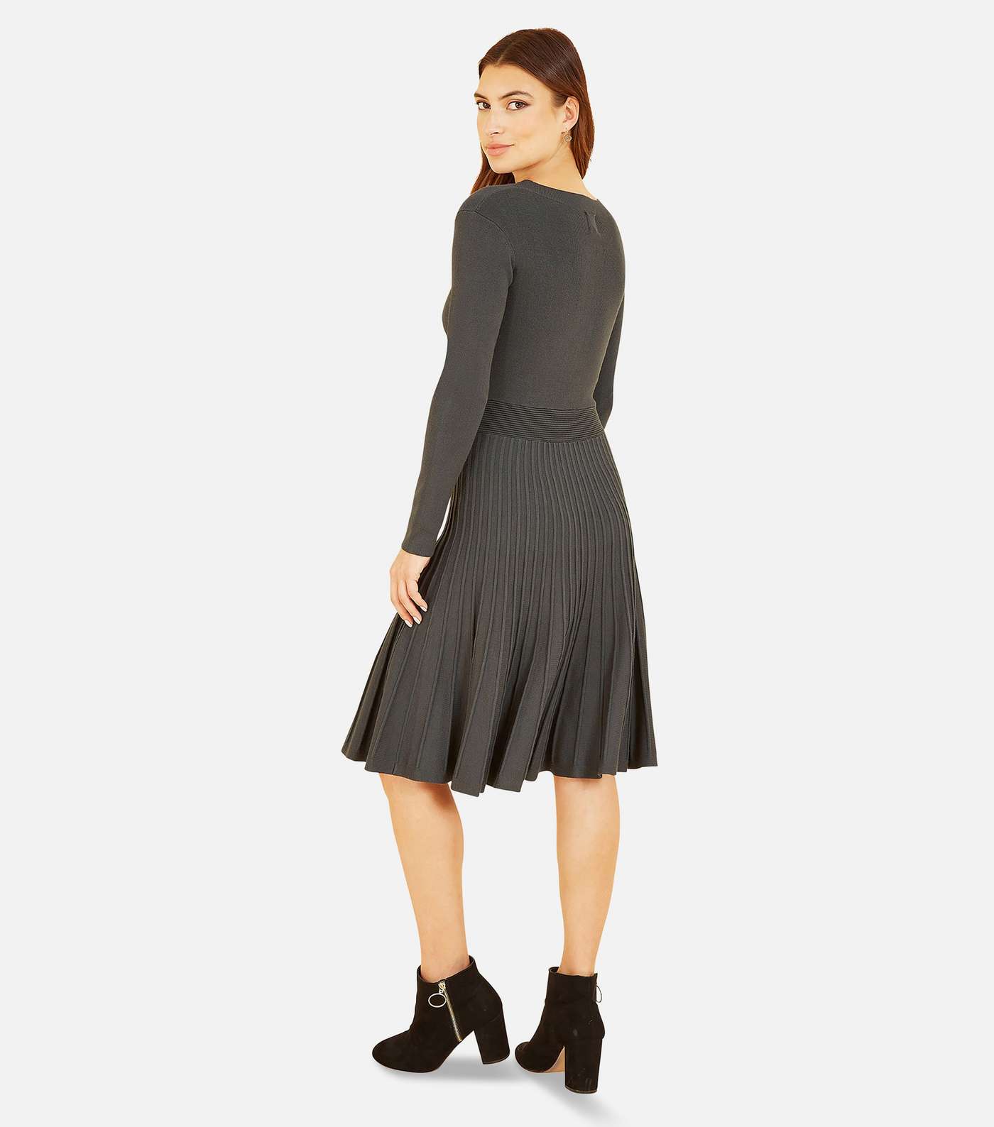 Yumi Dark Grey Knit Pleated Skater Dress Image 4