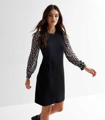 Black Leopard Print 2-in-1 Crew Neck Long Sleeve Mini Dress