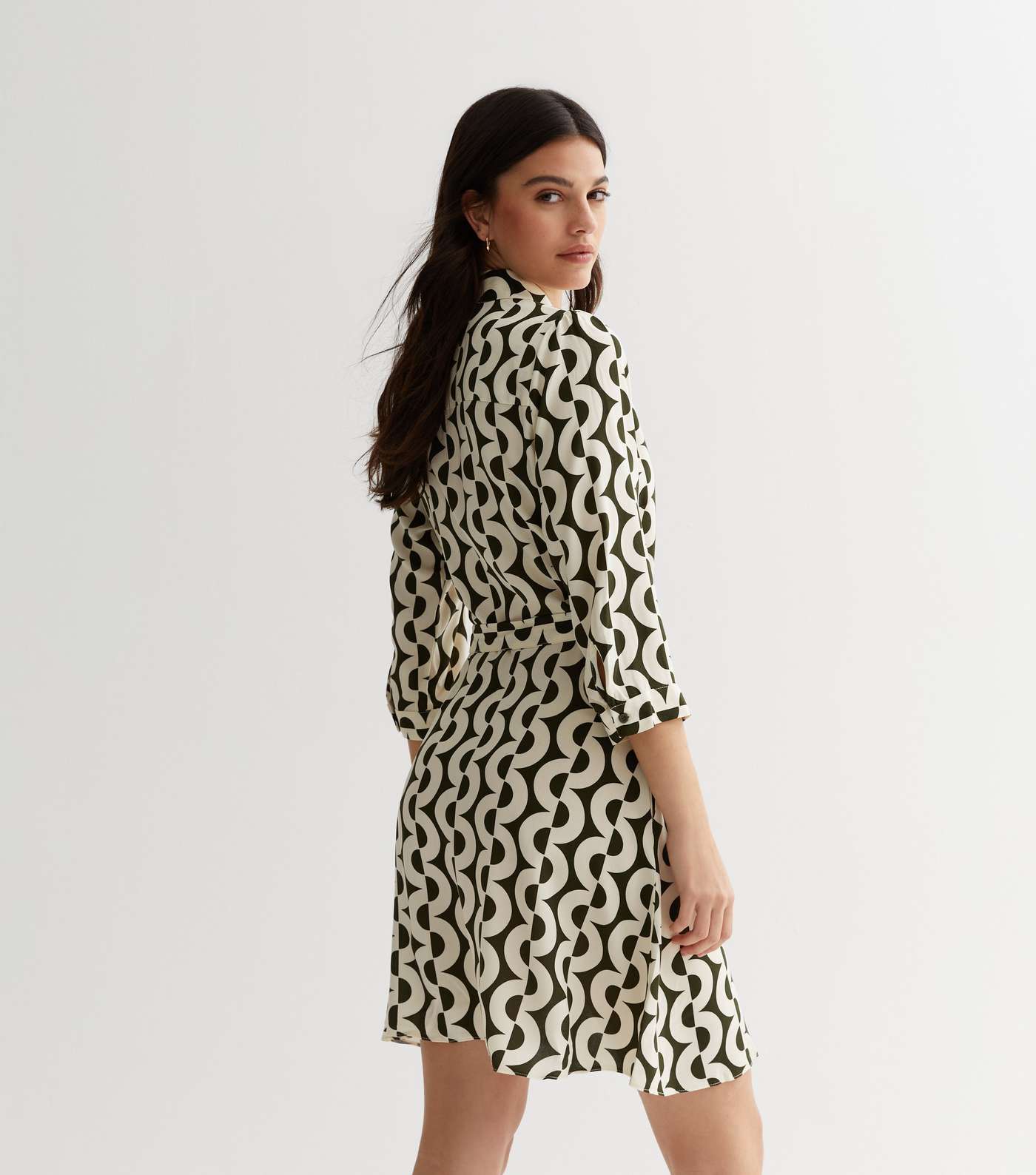 Green Geometric Pleated Belted Mini Shirt Dress Image 4