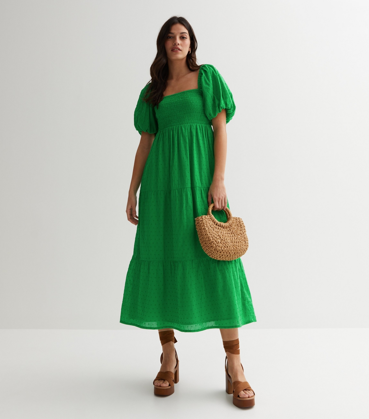 Women's Green Textured Cotton Puff Sleeve Midi Dress New Look